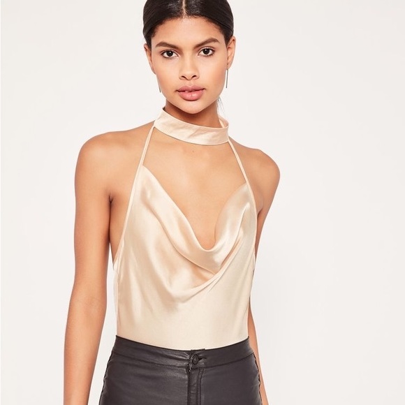 NWT Missguided Cream Satin Cowl Neck Choker Bodysuit - Picture 7 of 8